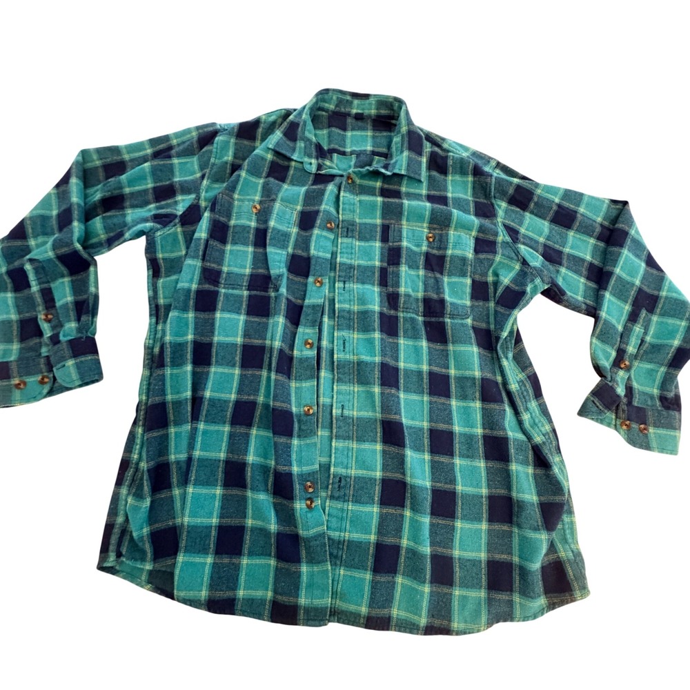 Design In Italy Plaid Flannel Button Up Mens 2XL Blue Green Soft Gorpcore Indie